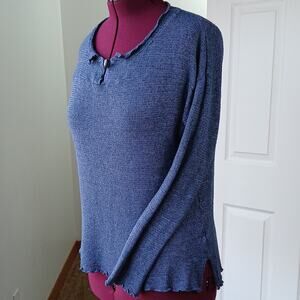 Fenini Blue Lightweight Knit Pullover Sweater M lettuce hem high button neckline